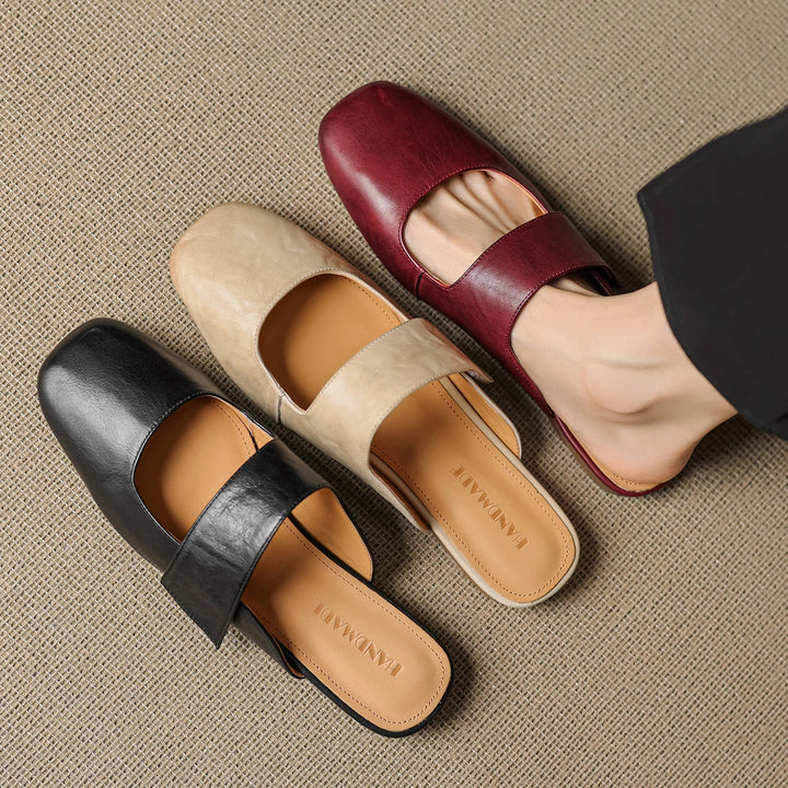Olivia Bennet | Leather Square Toe Chunky Heel Mules