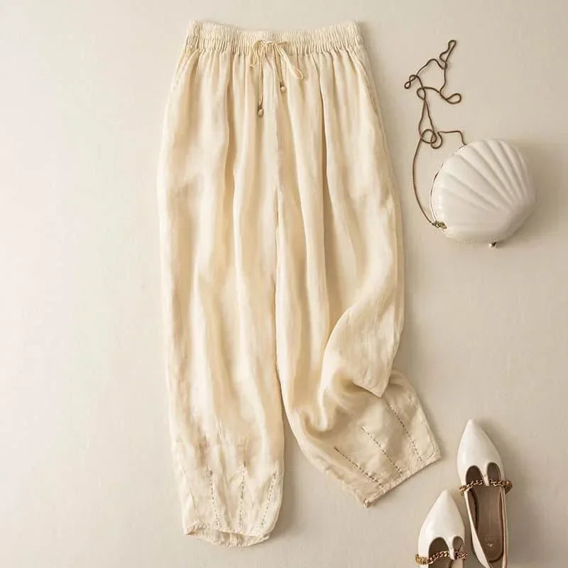 Olivia Bennet | Linen Pants for Women in Natural Fit, White