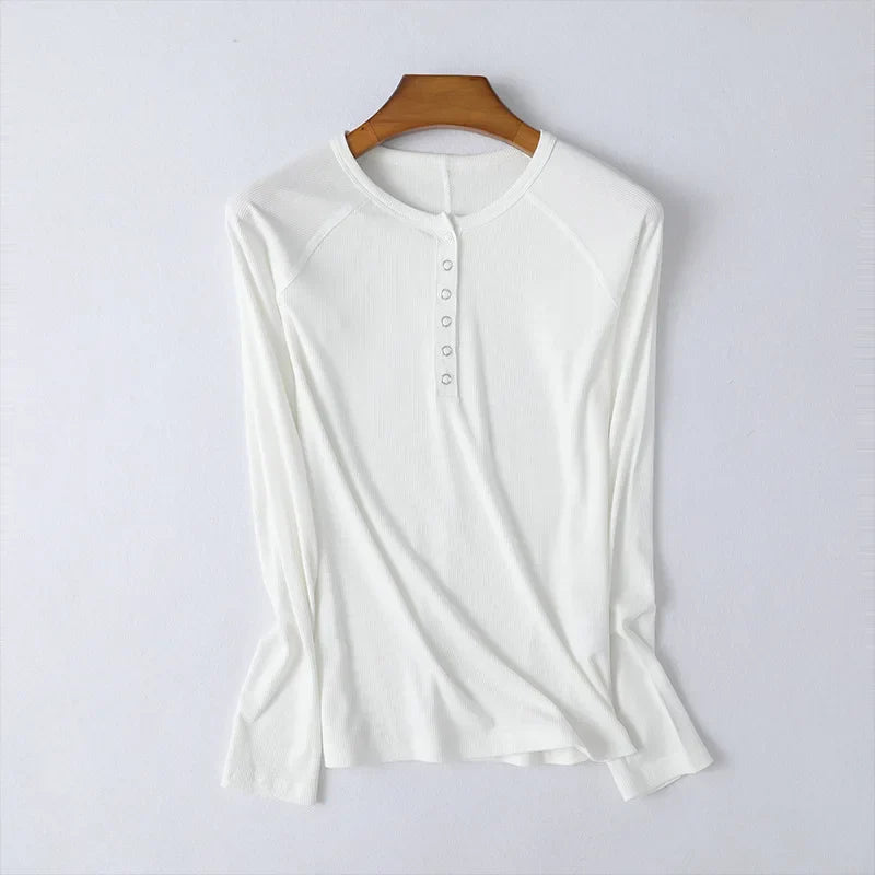 Olivia Bennet | Pop-Button Top for Women in Cotton, Fitted, White