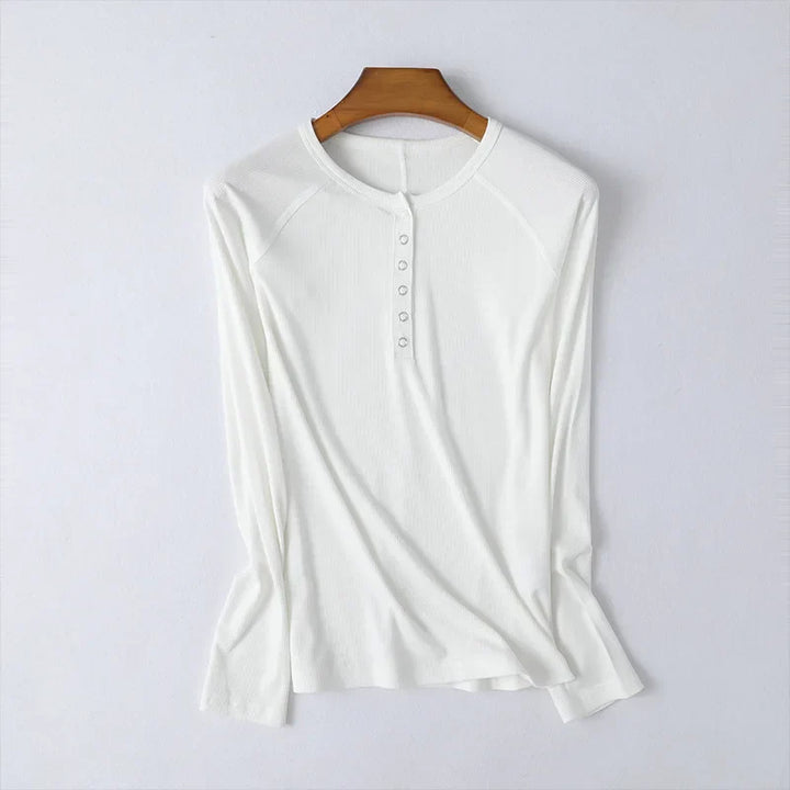Olivia Bennet | Pop-Button Top for Women in Cotton, Fitted, White