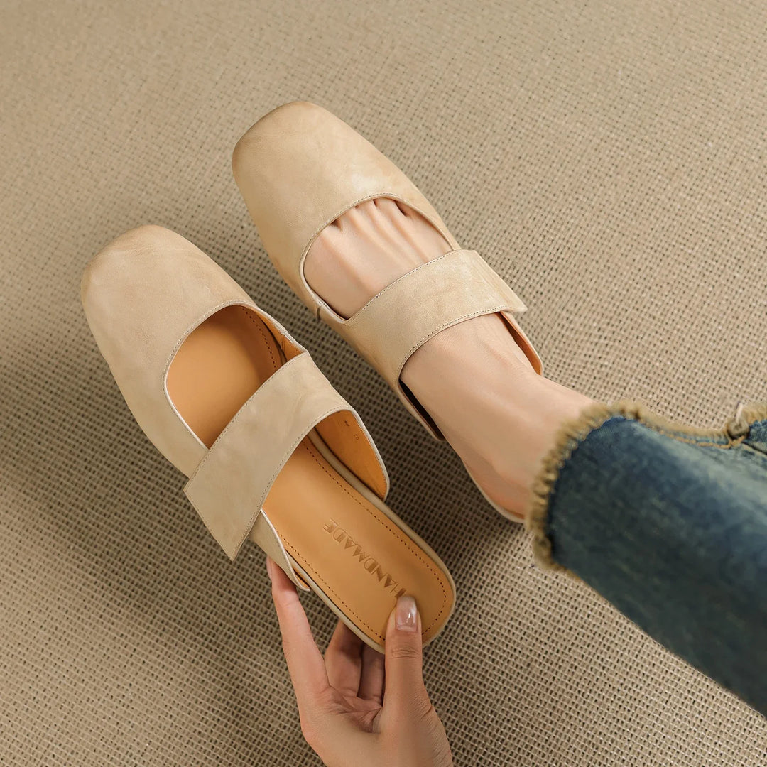 Olivia Bennet | Leather Square Toe Chunky Heel Mules