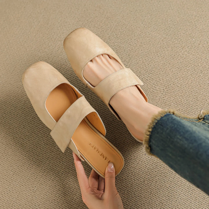 Olivia Bennet | Leather Square Toe Chunky Heel Mules