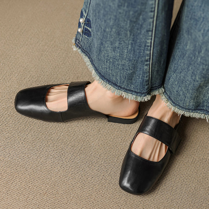 Olivia Bennet | Leather Square Toe Chunky Heel Mules