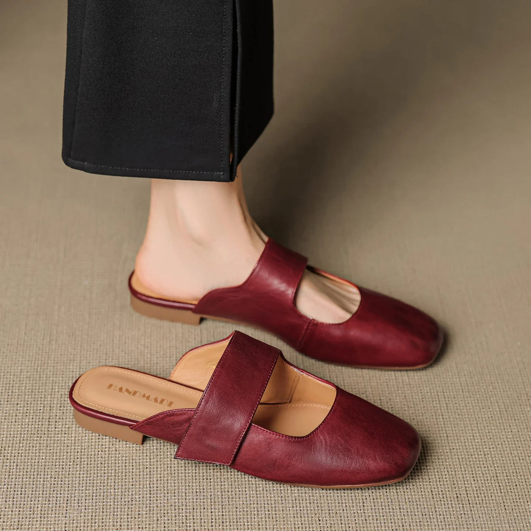 Olivia Bennet | Leather Square Toe Chunky Heel Mules