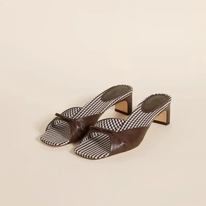 Olivia Bennet | Check-In Heel Mules for Women in Black Plaid
