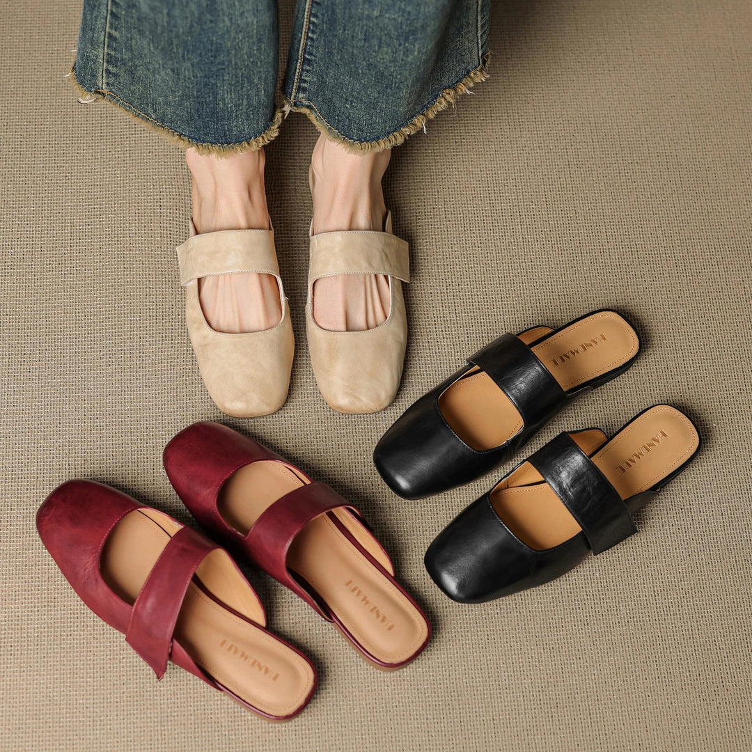 Olivia Bennet | Leather Square Toe Chunky Heel Mules