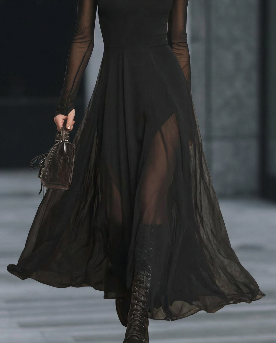 Olivia Bennet | Black Sheer-Sleeve A-Line Mesh Midi Dress