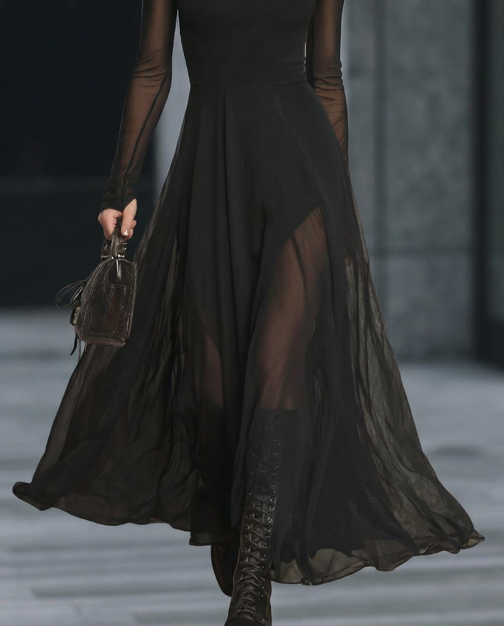 Olivia Bennet | Black Sheer-Sleeve A-Line Mesh Midi Dress