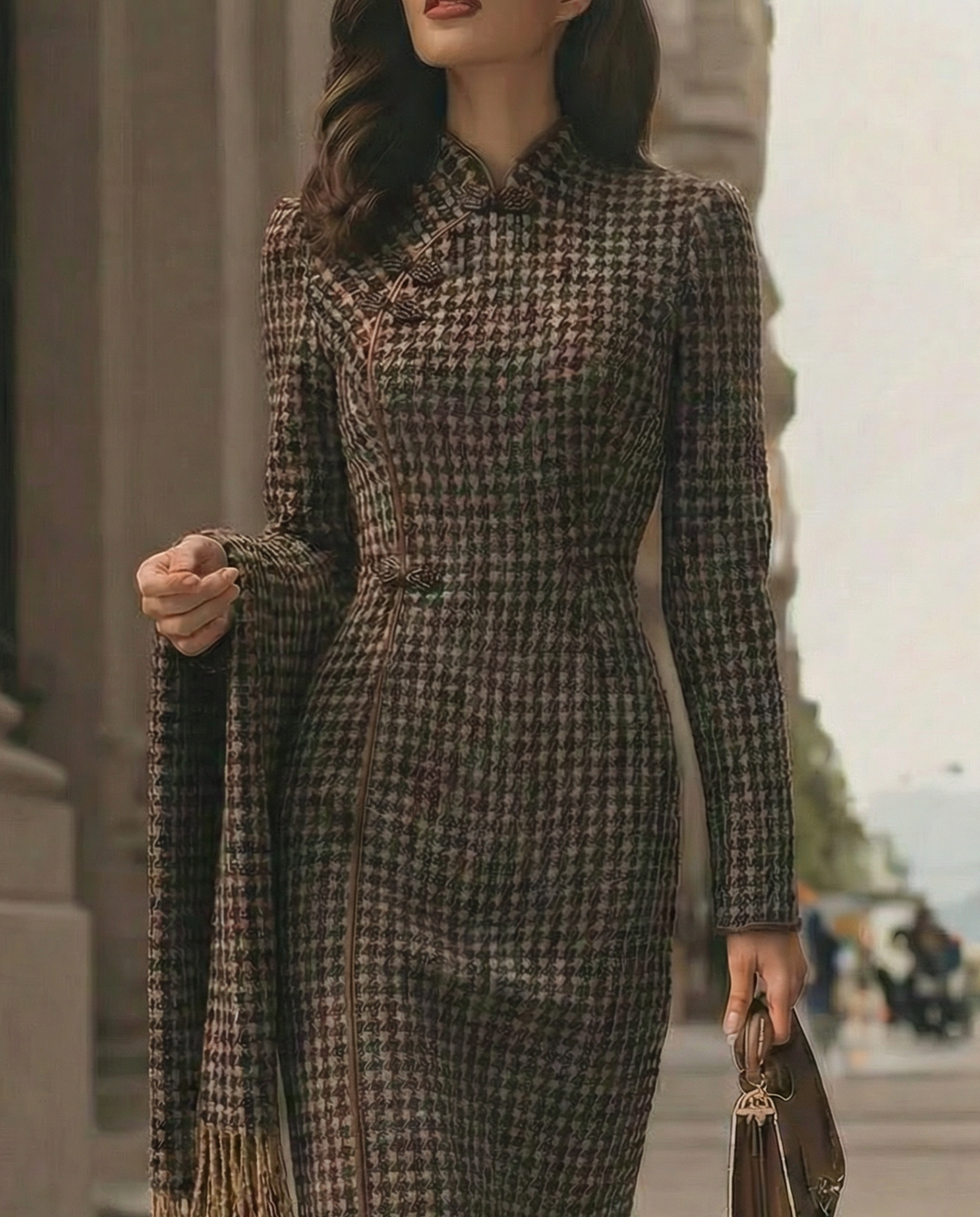 Olivia Bennet | Black and White Houndstooth Tailored Fit Wool-Blend Midi Dress