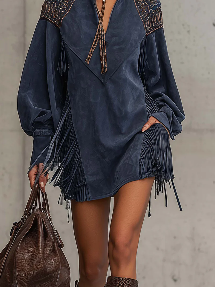 JUNO | Mini Dress Indigo Embroidered Stand Collar