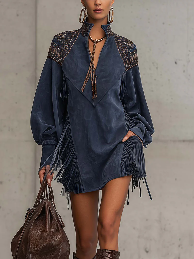 JUNO | Mini Dress Indigo Embroidered Stand Collar