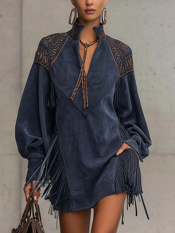 JUNO | Mini Dress Indigo Embroidered Stand Collar