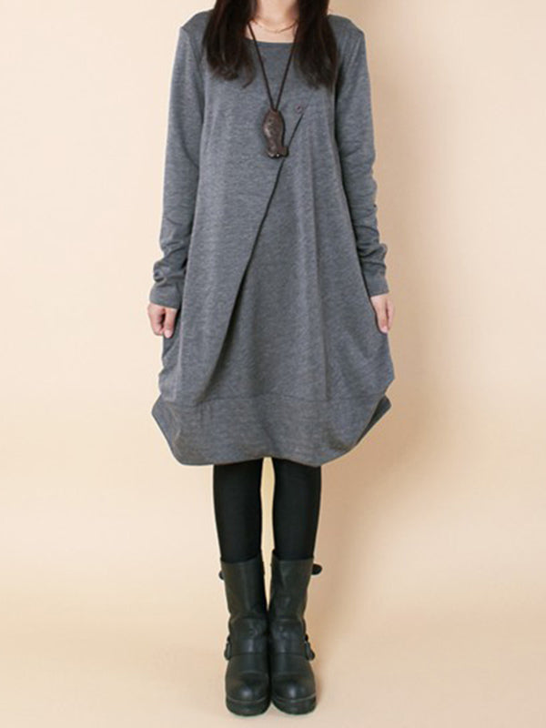 Olivia Bennet | A-line Long Sleeves Pleated Solid Color Round-neck Dresses Maxi Dresses