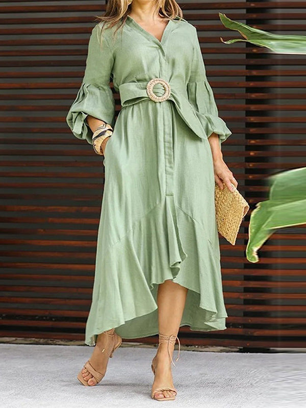 Olivia Bennet | High-Low Puff Sleeves Pleated Solid Color Lapel Collar Maxi Dresses
