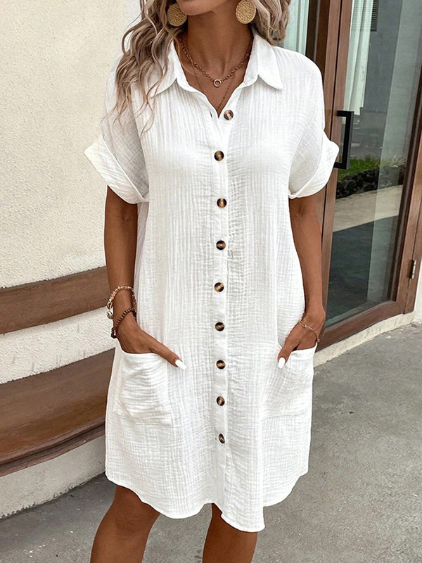 Olivia Bennet | Loose Short Sleeves Buttoned Pockets Lapel Mini Dresses