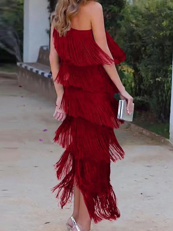 Olivia Bennet | Loose Sleeveless Asymmetric Solid Color Split-Joint Tasseled One-Shoulder Maxi Dresses