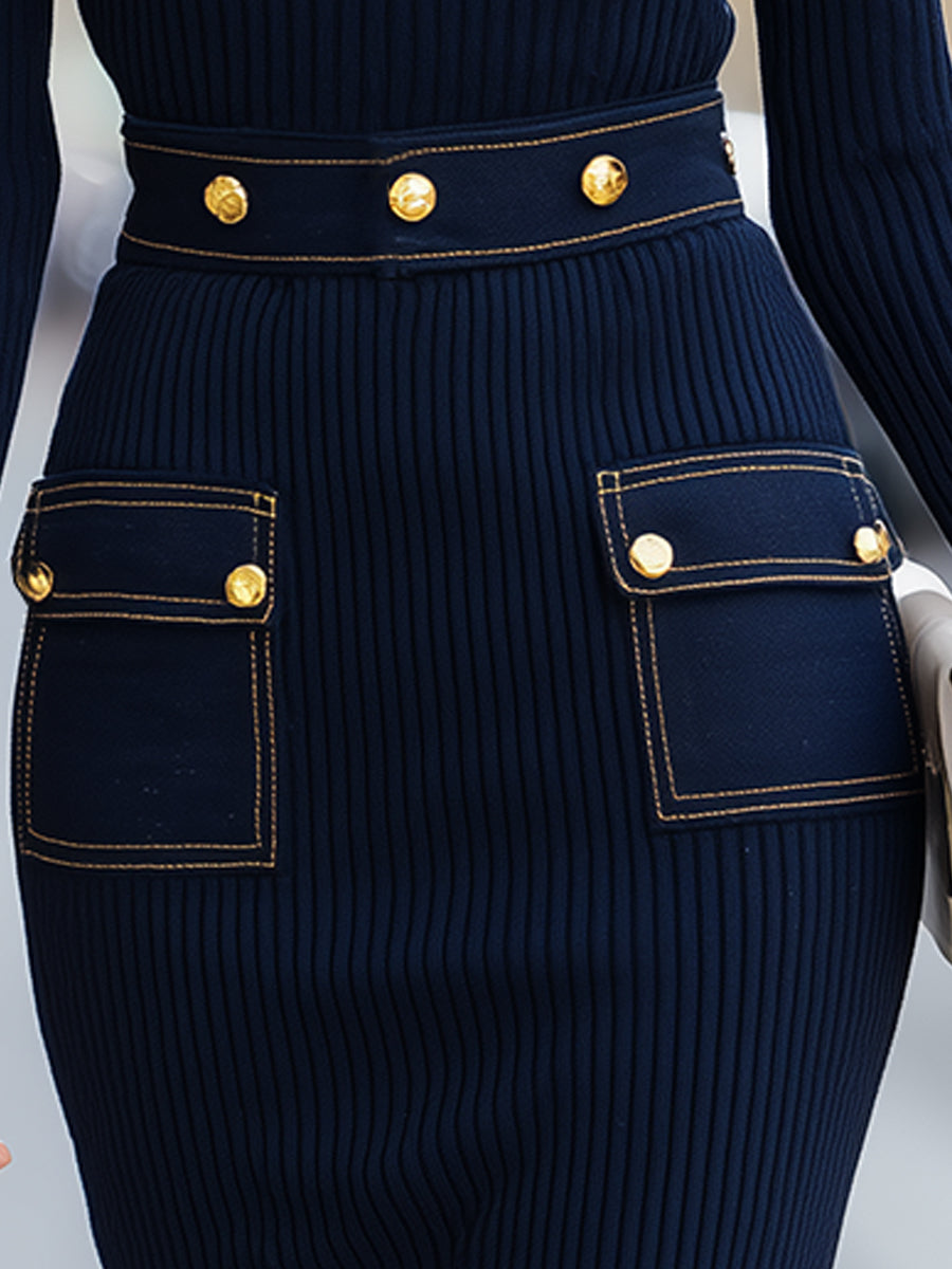 Olivia Bennet | Navy Ribbed Knit Dress With Gold-Tone Button Denim Pocket Details