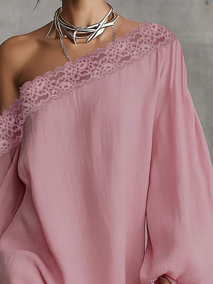 Olivia Bennet | Long Sleeves Loose Solid Color Split-Joint One-shoulder Mini Dresses