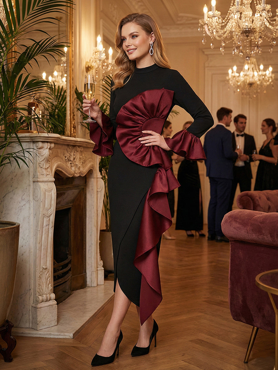 Olivia Bennet | Bodycon Flared Sleeves Asymmetric Contrast Color Ruffled Zipper Stand Collar Midi Dresses