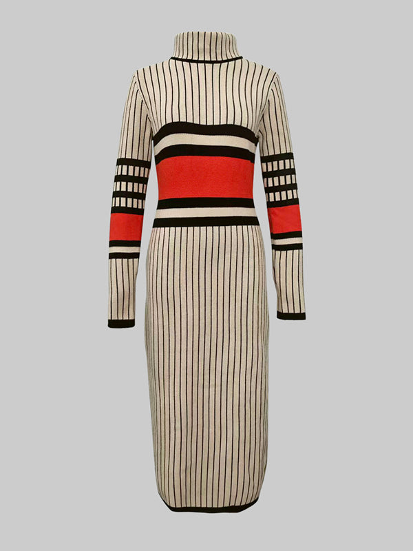 Olivia Bennet | Long Sleeves Skinny Contrast Color Striped High Neck Midi Dresses Sweater Dresses