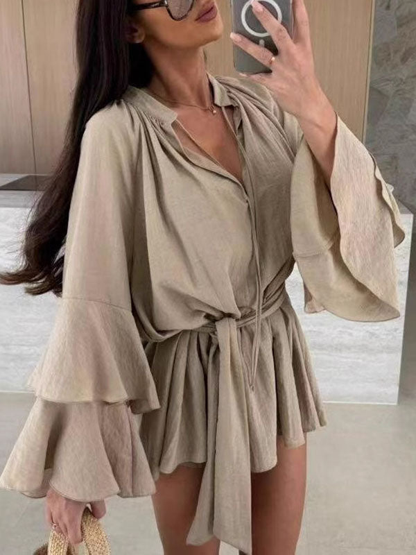 Olivia Bennet | Flared Sleeves Loose Lace-Up Pleated Solid Color Split-Joint Tiered Round-Neck Mini Dresses