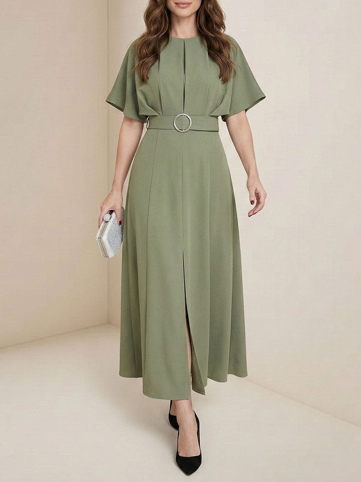 Olivia Bennet | Loose Raglan Sleeve Pleated Split-Front Split-Joint Tied Waist Round-Neck Maxi Dresses