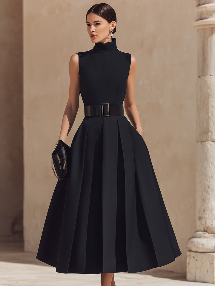 Olivia Bennet | Belted High-Neck Pleated Maxi Dress