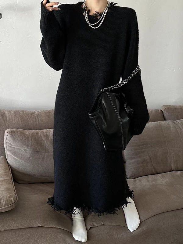 Olivia Bennet | High Waisted Long Sleeves Fringed Solid Color Round-Neck Midi Dresses Sweater Dresses