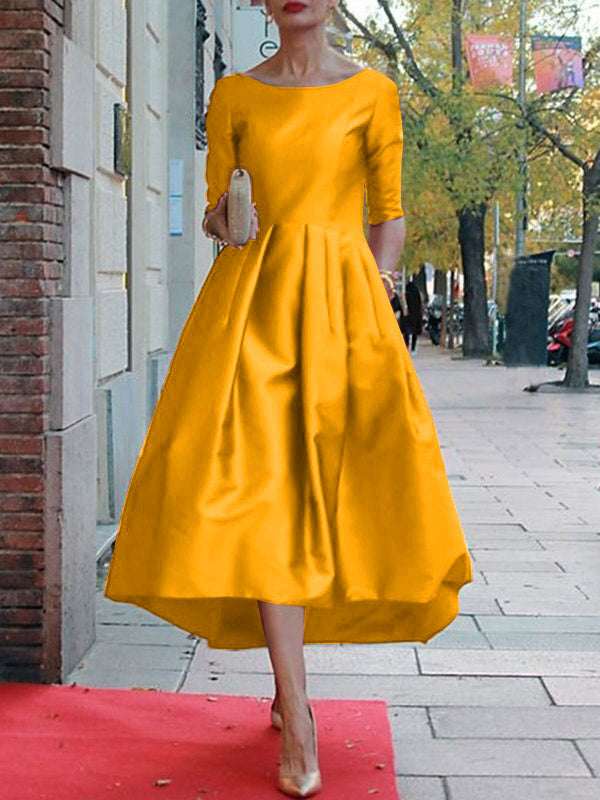 Olivia Bennet | A-Line Loose Pleated Pockets Solid Color Split-Joint Round-Neck Midi Dresses