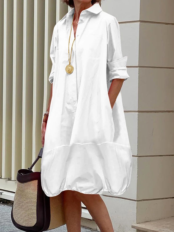 Olivia Bennet | Long Sleeves Loose Solid Color Lapel Collar Midi Dresses Shirt Dress