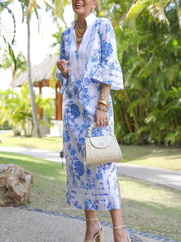 Olivia Bennet | Flared Sleeves Loose Flower Print Split-Joint Split-side Deep V-Neck Midi Dresses