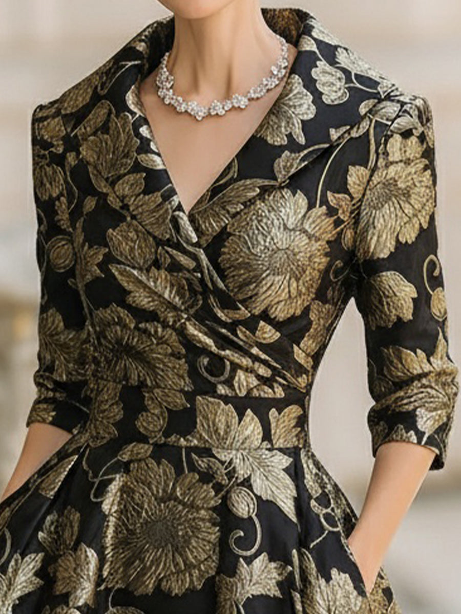 Olivia Bennet | Black & Gold Floral Midi Jacquard Dress