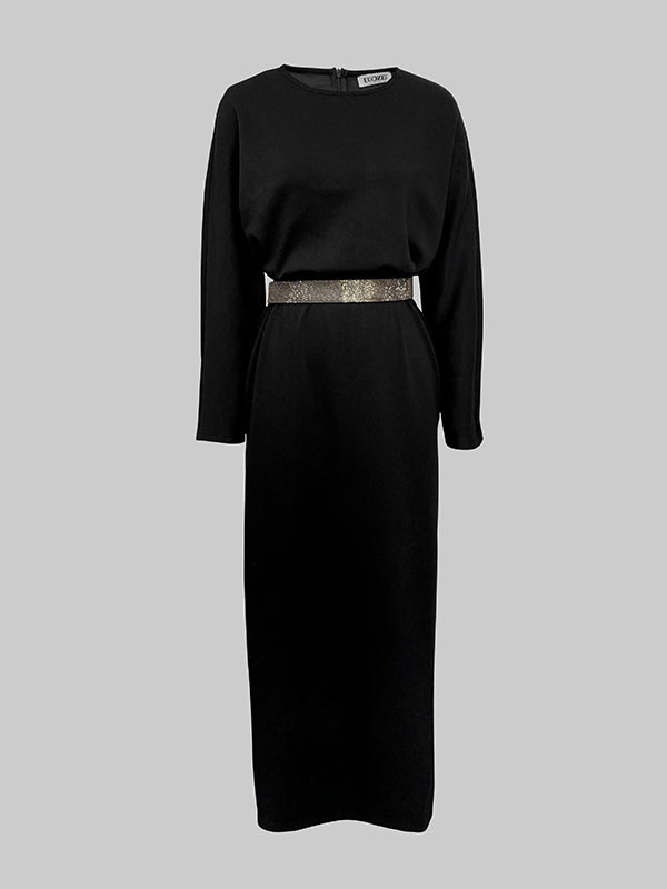 Olivia Bennet | Half Sleeves Loose Rhine Stones Split-Joint Round-Neck Maxi Dresses