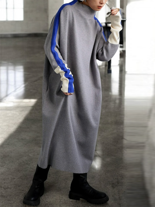 Olivia Bennet | Long Sleeves Loose Contrast Color Stand Collar Maxi Dresses