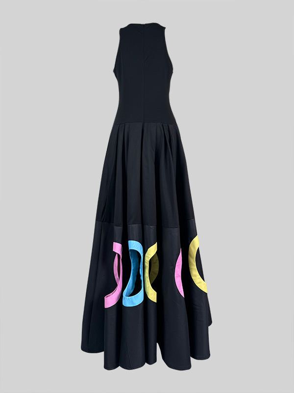 Olivia Bennet | Sleeveless Hollow Pleated Split-Joint Round-neck Maxi Dresses