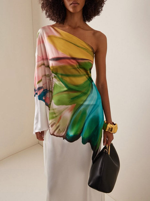 Olivia Bennet | Long Sleeves Loose Asymmetric Flower Print One-Shoulder Maxi Dresses