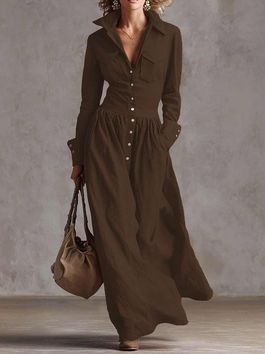Olivia Bennet | High Waisted Long Sleeves Buttoned Pleated Pockets Solid Color Split-Joint Lapel Maxi Dresses