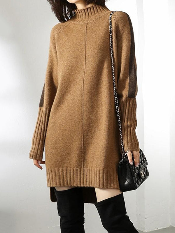 Olivia Bennet | Loose Long Sleeves Contrast Color Half Turtleneck Sweater Dresses