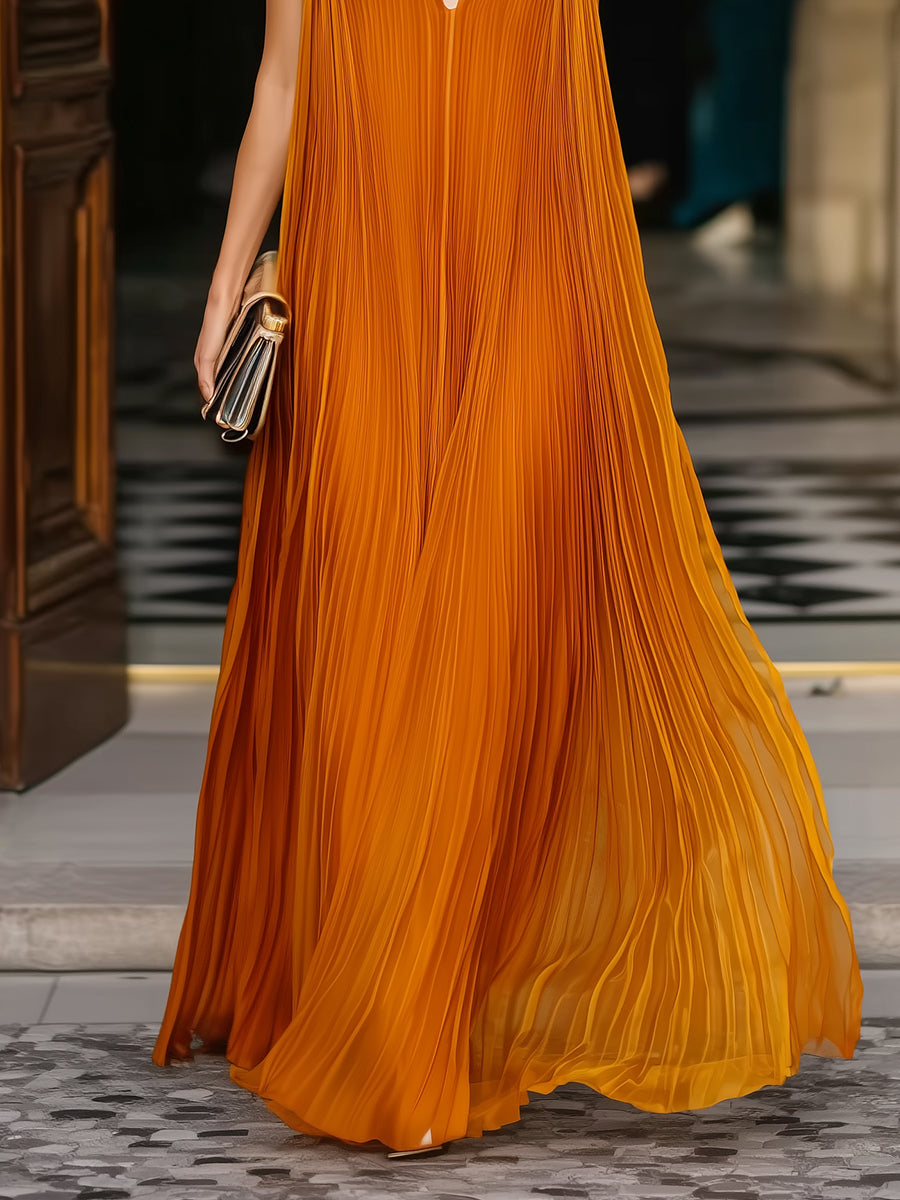 Olivia Bennet | Deep V-Neck Pleated Flowing Maxi Dress