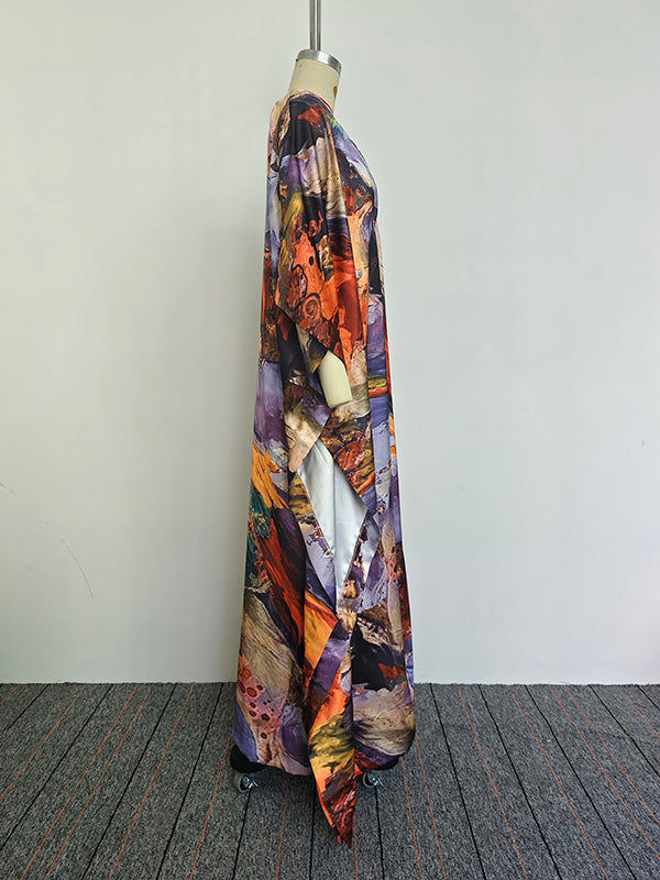Olivia Bennet | Batwing Sleeves Loose Gauze Printed Split-Joint V-Neck Maxi Dresses
