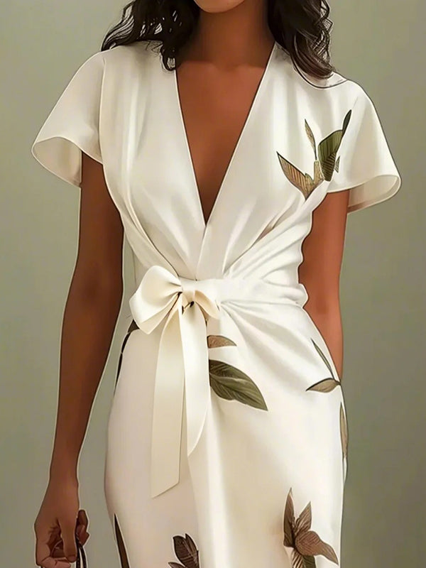 Olivia Bennet | Raglan Sleeve Asymmetric Pleated Printed Split-Joint V-Neck Midi Dresses