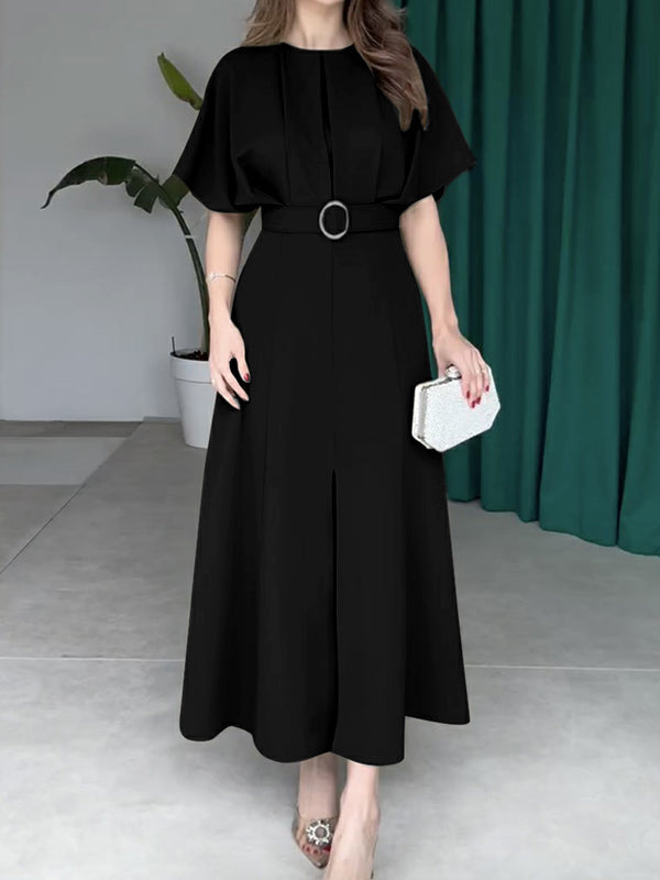 Olivia Bennet | Loose Raglan Sleeve Pleated Split-Front Split-Joint Tied Waist Round-Neck Maxi Dresses