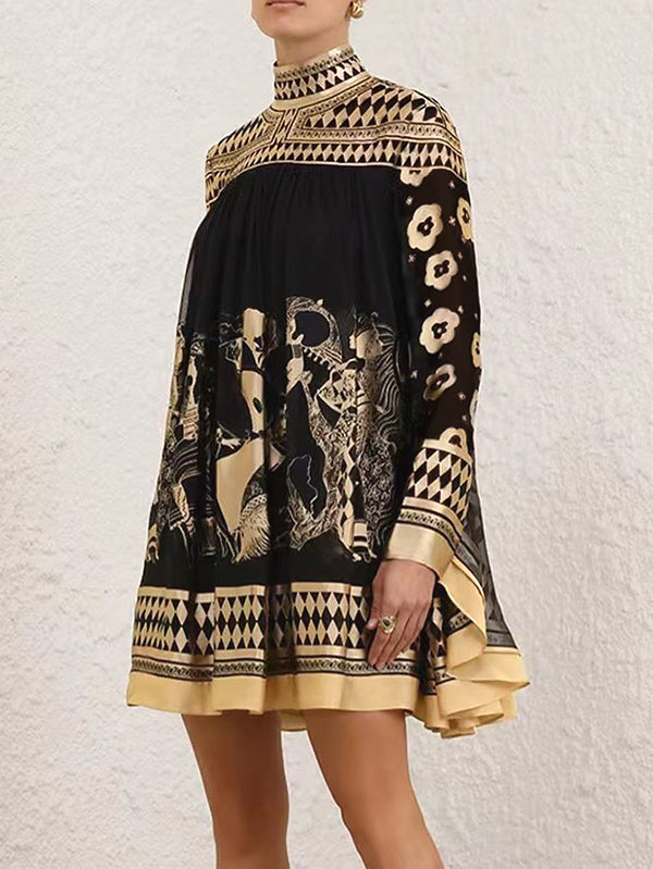 Olivia Bennet | A-Line Long Sleeves Bronzing Printed Split-Joint Mock Neck Mini Dresses