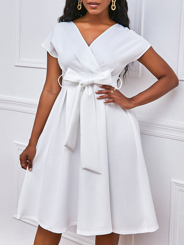 Olivia Bennet | Bowknot Lace-Up Solid Color V-Neck Midi Dresses