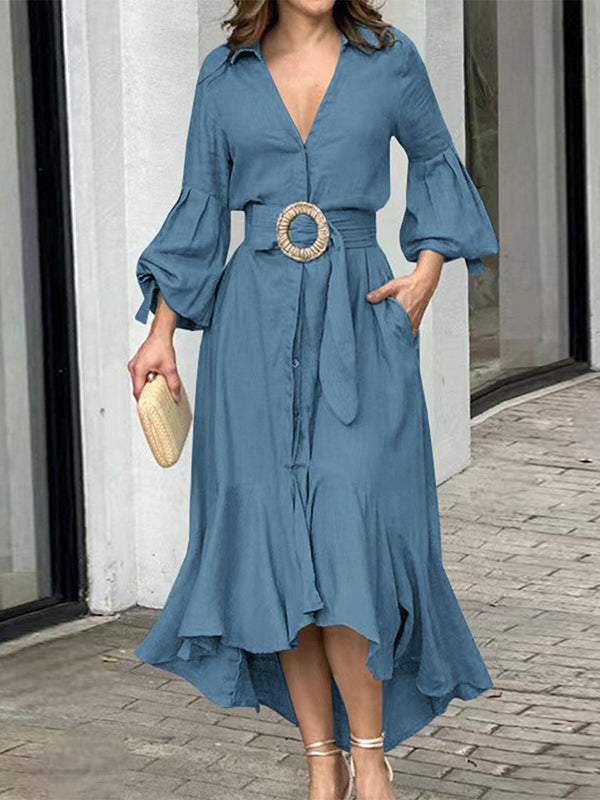 Olivia Bennet | High-Low Puff Sleeves Pleated Solid Color Lapel Collar Maxi Dresses