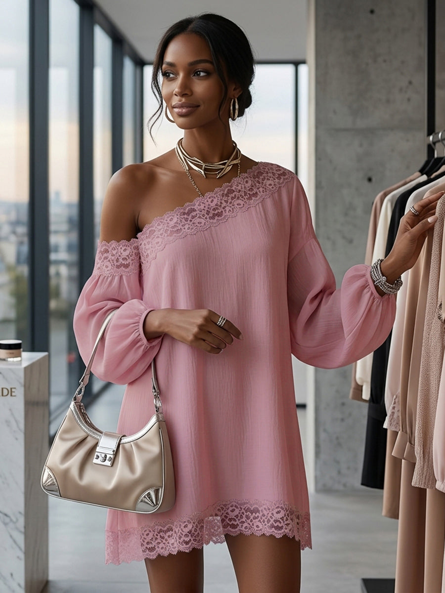 Olivia Bennet | Long Sleeves Loose Solid Color Split-Joint One-shoulder Mini Dresses