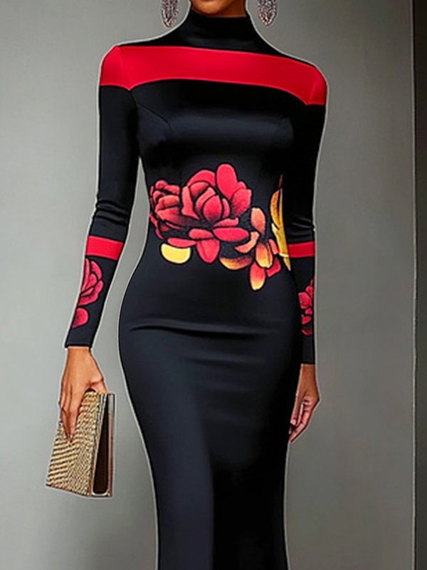 Olivia Bennet | Bodycon Long Sleeves Flower Print High Neck Midi Dresses