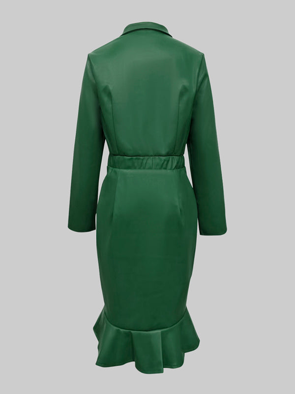 Olivia Bennet | Bodycon Long Sleeves Buttoned Elasticity Ruffle Trim Solid Color Split-Joint Lapel Midi Dresses