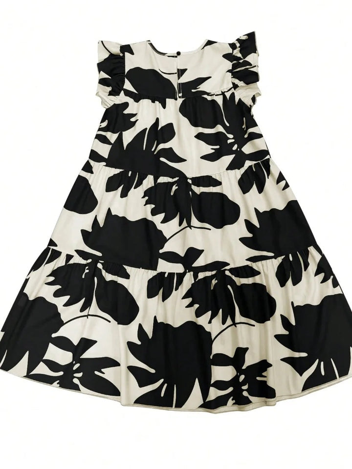 Olivia Bennet | Loose Ruffle Sleeves Flower Print Pleated Round-Neck Midi Dresses