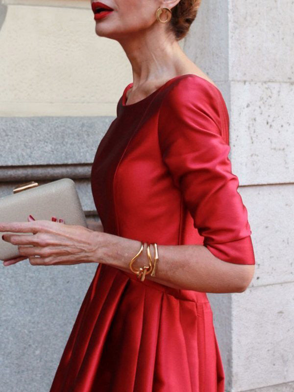 Olivia Bennet | A-Line Loose Pleated Pockets Solid Color Split-Joint Round-Neck Midi Dresses